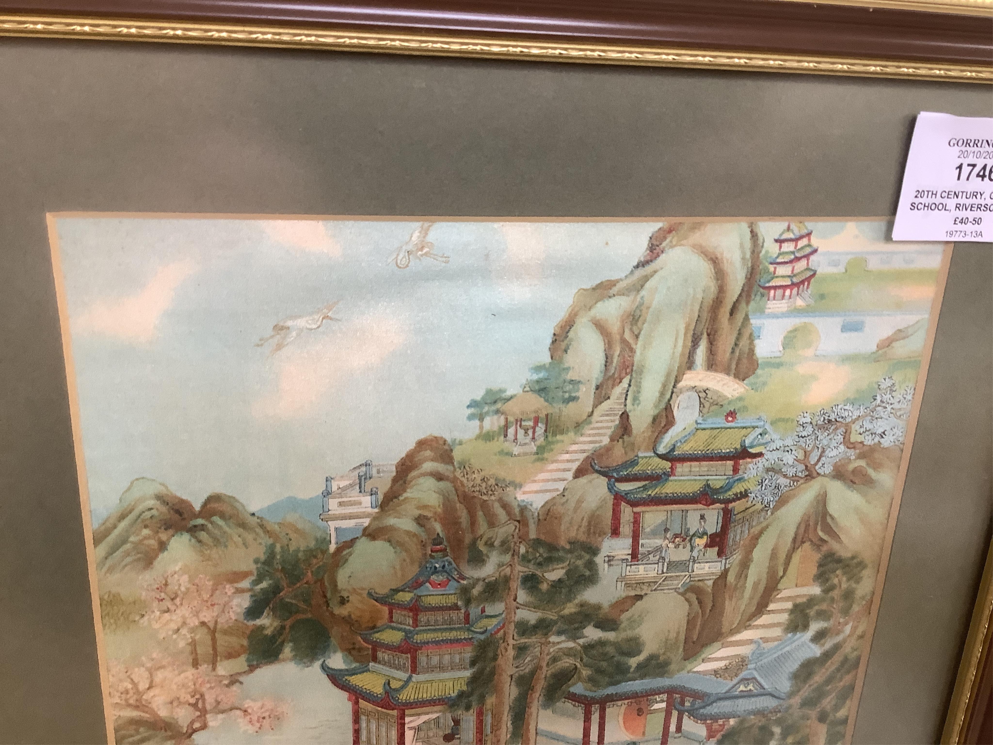 20th century, Chinese School, Riverscape with figures and pagodas, decorative colour print, 25 x 22cm